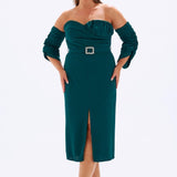 Bust Detailed Belted Plus Size Evening Dress