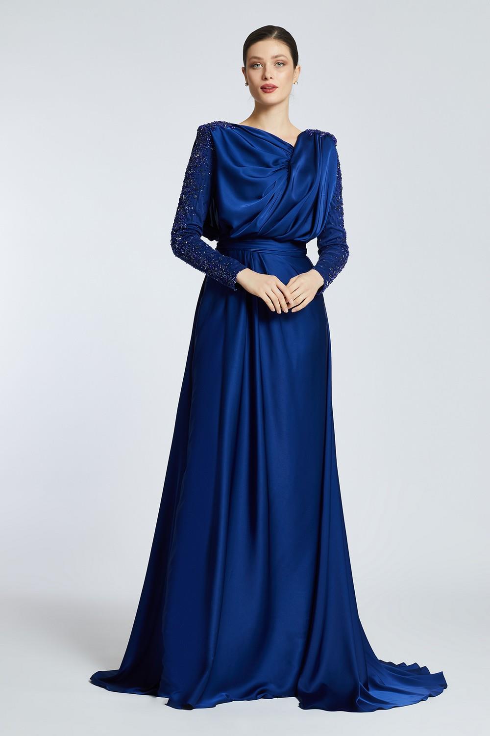 Bust Draped Rhinestone Long Sleeve Veiling Evening Dress - 2109