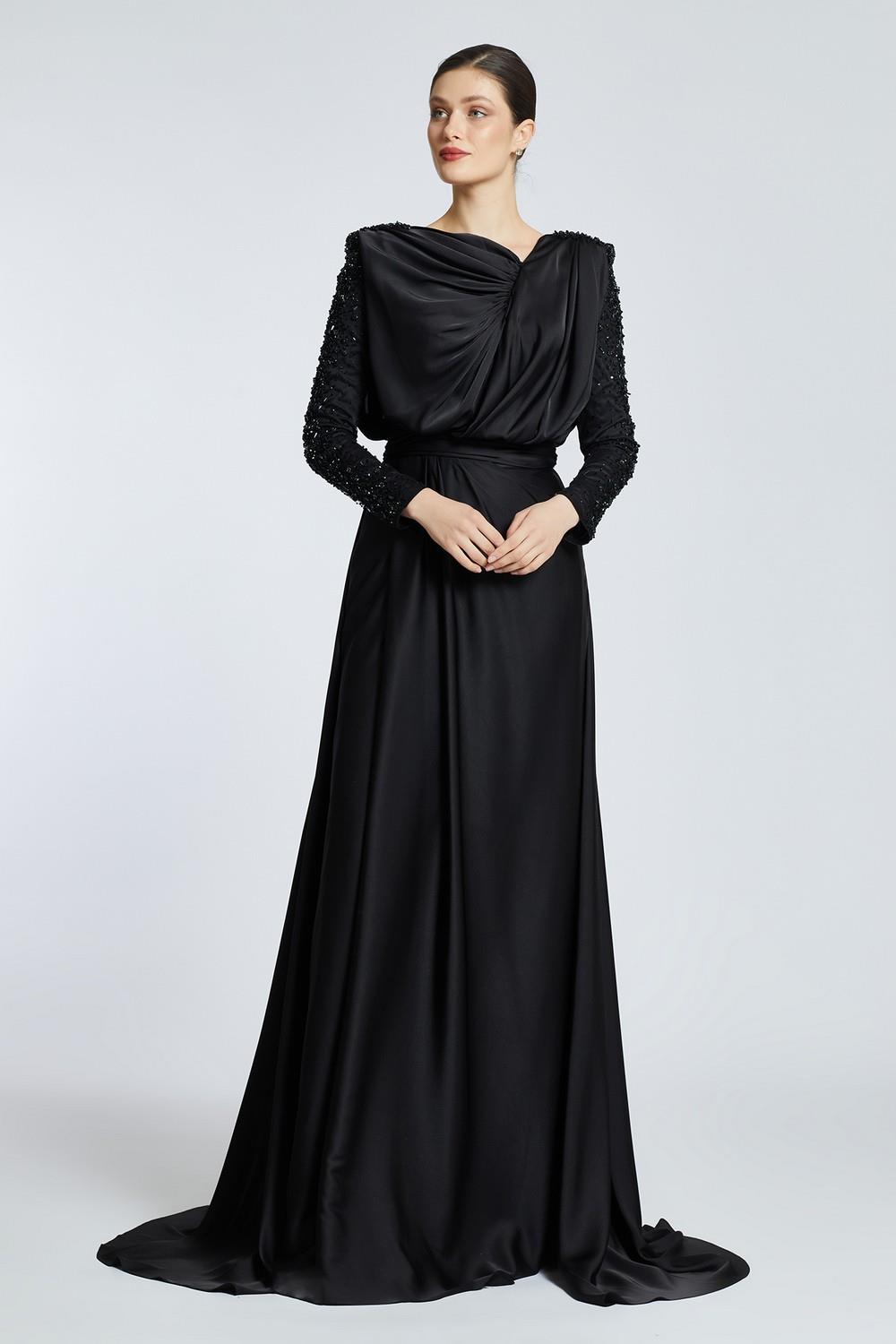 Bust Draped Rhinestone Long Sleeve Veiling Evening Dress - 2109