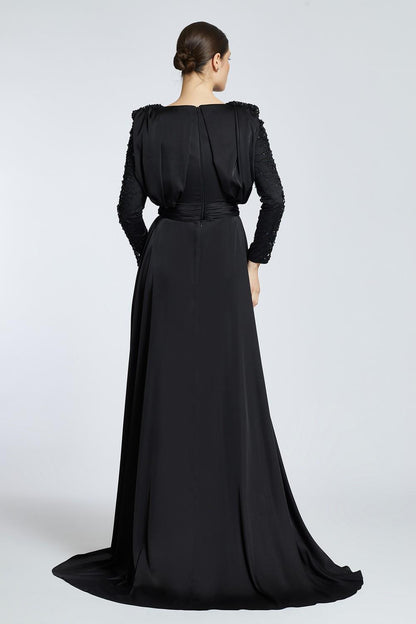 Bust Draped Rhinestone Long Sleeve Veiling Evening Dress - 2109