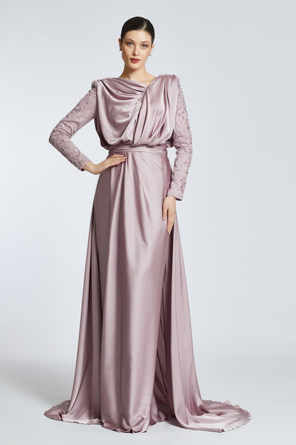 Bust Draped Rhinestone Long Sleeve Veiling Evening Dress - 2109