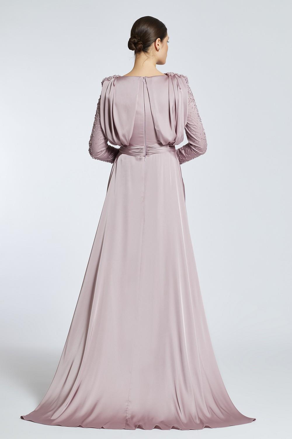 Bust Draped Rhinestone Long Sleeve Veiling Evening Dress - 2109