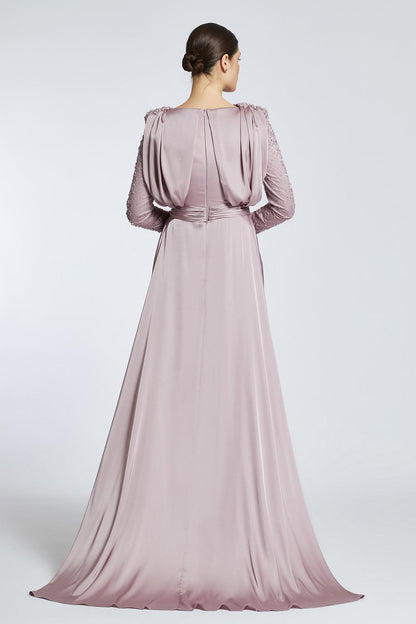 Bust Draped Rhinestone Long Sleeve Veiling Evening Dress - 2109