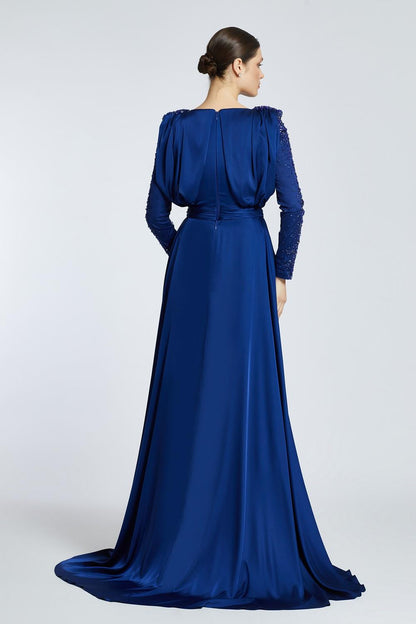 Bust Draped Rhinestone Long Sleeve Veiling Evening Dress - 2109