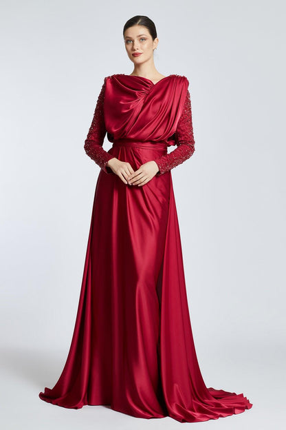 Bust Draped Rhinestone Long Sleeve Veiling Evening Dress - 2109