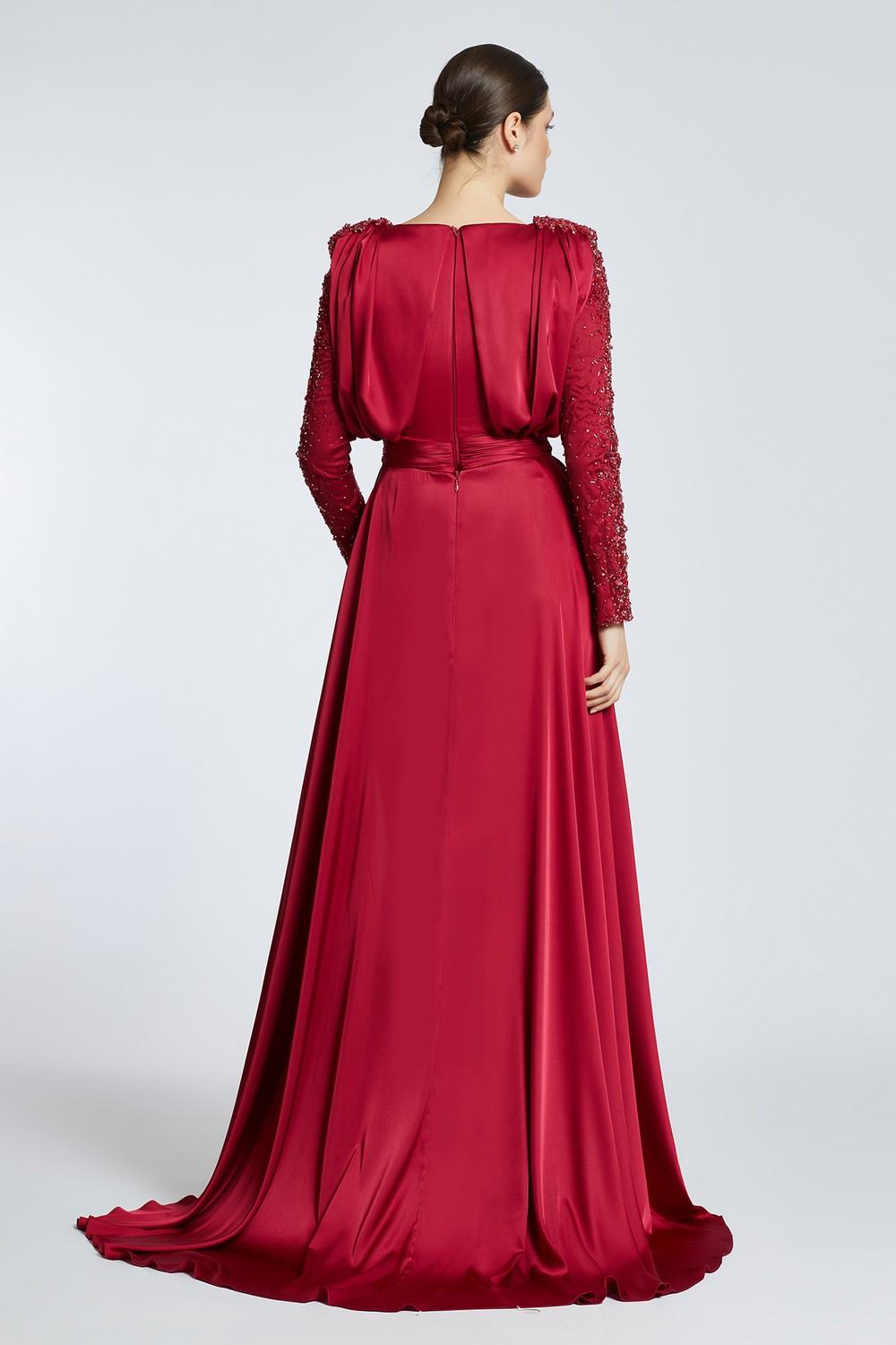 Bust Draped Rhinestone Long Sleeve Veiling Evening Dress - 2109