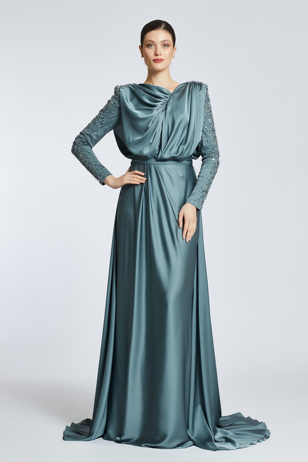 Bust Draped Rhinestone Long Sleeve Veiling Evening Dress - 2109