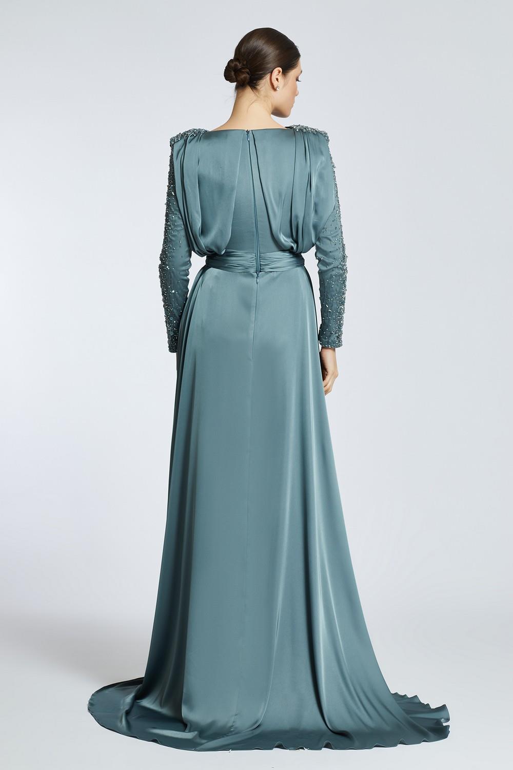 Bust Draped Rhinestone Long Sleeve Veiling Evening Dress - 2109