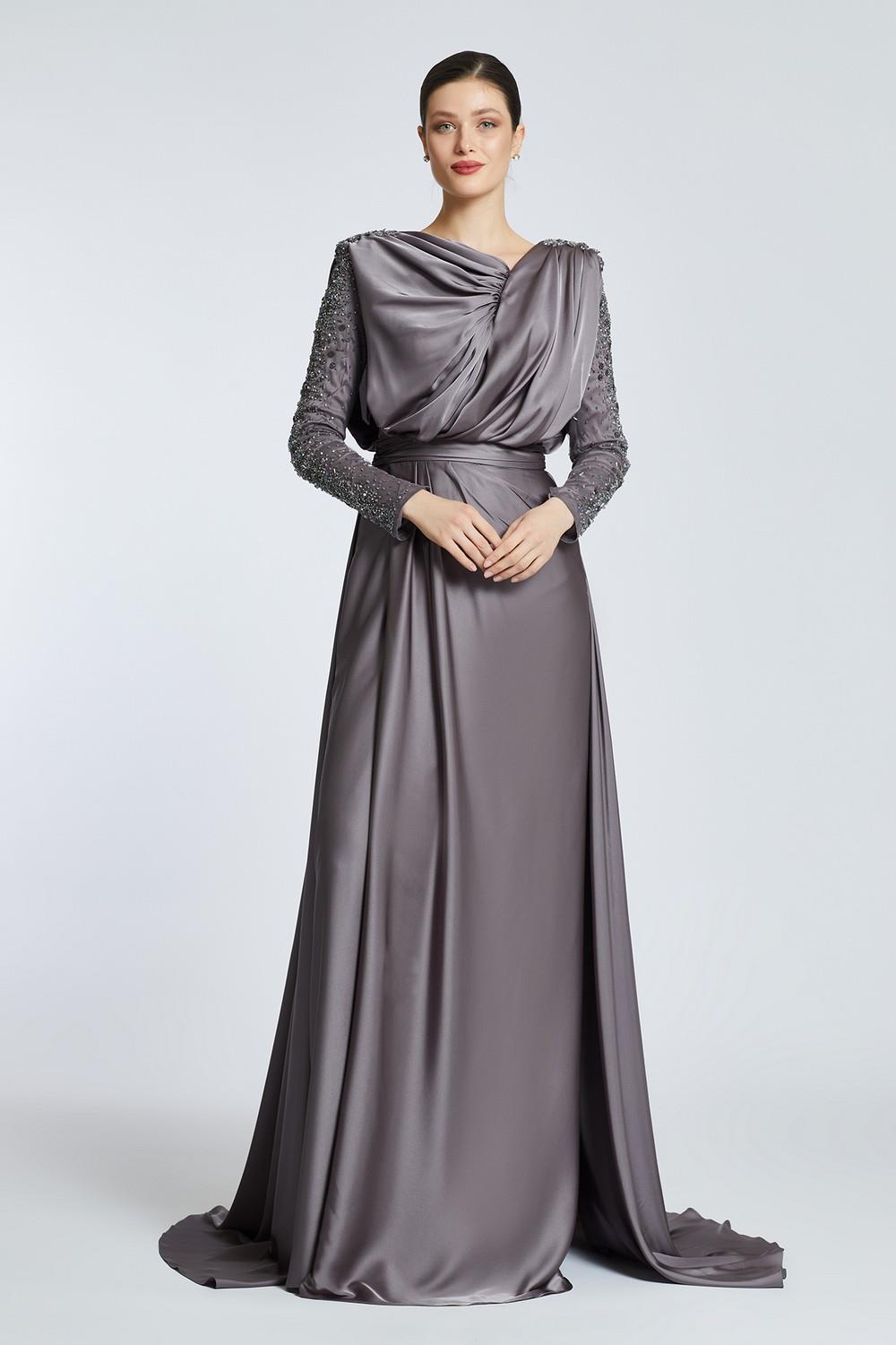 Bust Draped Rhinestone Long Sleeve Veiling Evening Dress - 2109