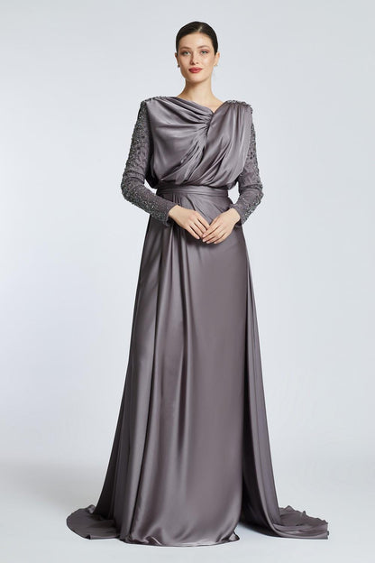 Bust Draped Rhinestone Long Sleeve Veiling Evening Dress - 2109