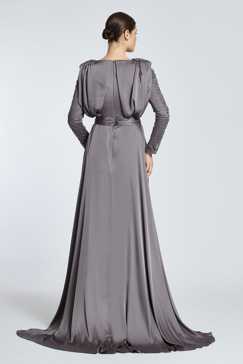 Bust Draped Rhinestone Long Sleeve Veiling Evening Dress - 2109