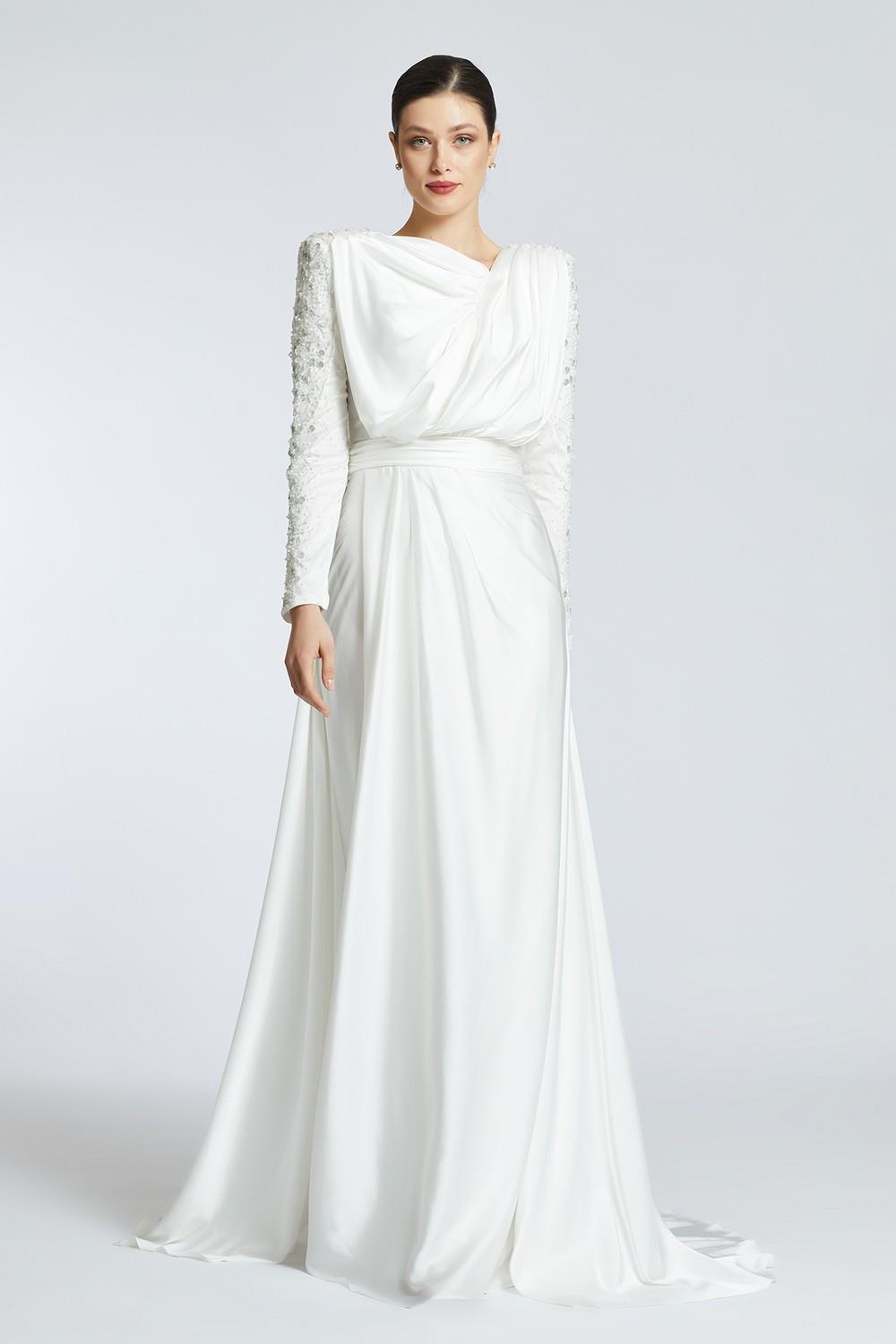 Bust Draped Rhinestone Long Sleeve Veiling Evening Dress - 2109