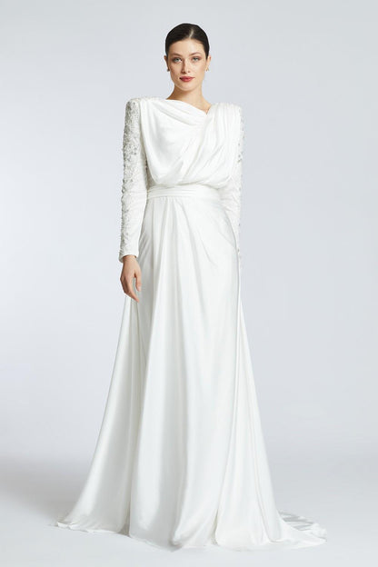 Bust Draped Rhinestone Long Sleeve Veiling Evening Dress - 2109