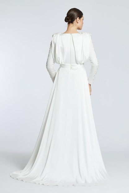 Bust Draped Rhinestone Long Sleeve Veiling Evening Dress - 2109