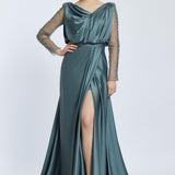 Bust Draped Long Embroidered Fabric Sleeve Evening Dress - 2065