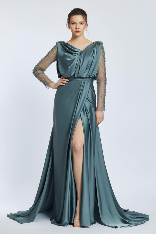 Bust Draped Long Embroidered Fabric Sleeve Evening Dress - 2065