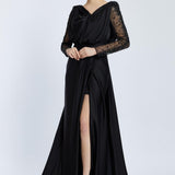 Bust Draped Long Embroidered Fabric Sleeve Evening Dress - 2065