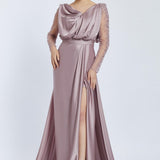 Bust Draped Long Embroidered Fabric Sleeve Evening Dress - 2065