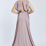 Bust Draped Long Embroidered Fabric Sleeve Evening Dress - 2065