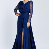 Bust Draped Long Embroidered Fabric Sleeve Evening Dress - 2065