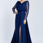 Bust Draped Long Embroidered Fabric Sleeve Evening Dress
