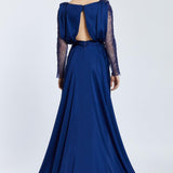 Bust Draped Long Embroidered Fabric Sleeve Evening Dress - 2065