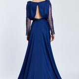 Bust Draped Long Embroidered Fabric Sleeve Evening Dress