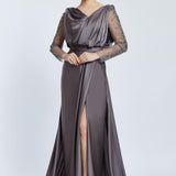 Bust Draped Long Embroidered Fabric Sleeve Evening Dress - 2065