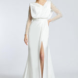 Bust Draped Long Embroidered Fabric Sleeve Evening Dress - 2065