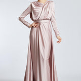 Bust Draped Long Sleeve Satin Veiling Dress - 2111