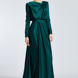 Bust Draped Long Sleeve Satin Veiling Dress - 2111