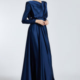 Bust Draped Long Sleeve Satin Veiling Dress - 2111