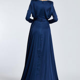 Bust Draped Long Sleeve Satin Veiling Dress - 2111