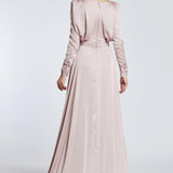 Bust Draped Long Sleeve Satin Veiling Dress - 2111