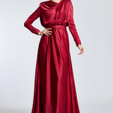 Bust Draped Long Sleeve Satin Veiling Dress - 2111