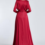 Bust Draped Long Sleeve Satin Veiling Dress - 2111