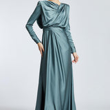 Bust Draped Long Sleeve Satin Veiling Dress - 2111