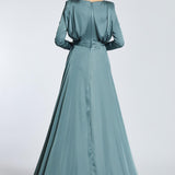 Bust Draped Long Sleeve Satin Veiling Dress - 2111