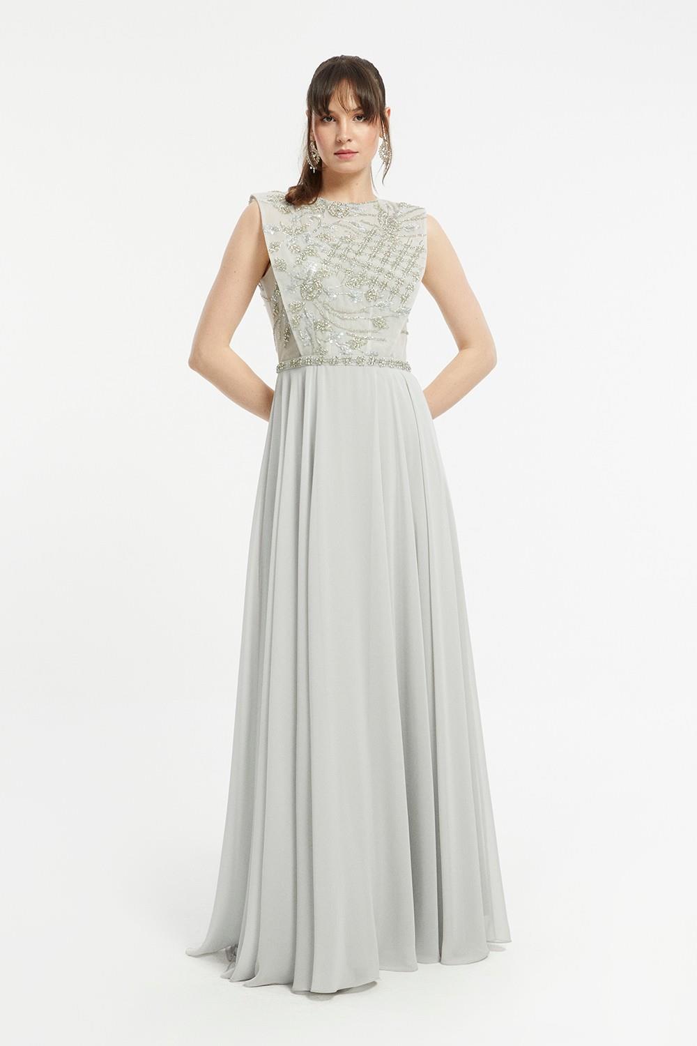 Zero Sleeve Bling Embroidered Long Evening Dress