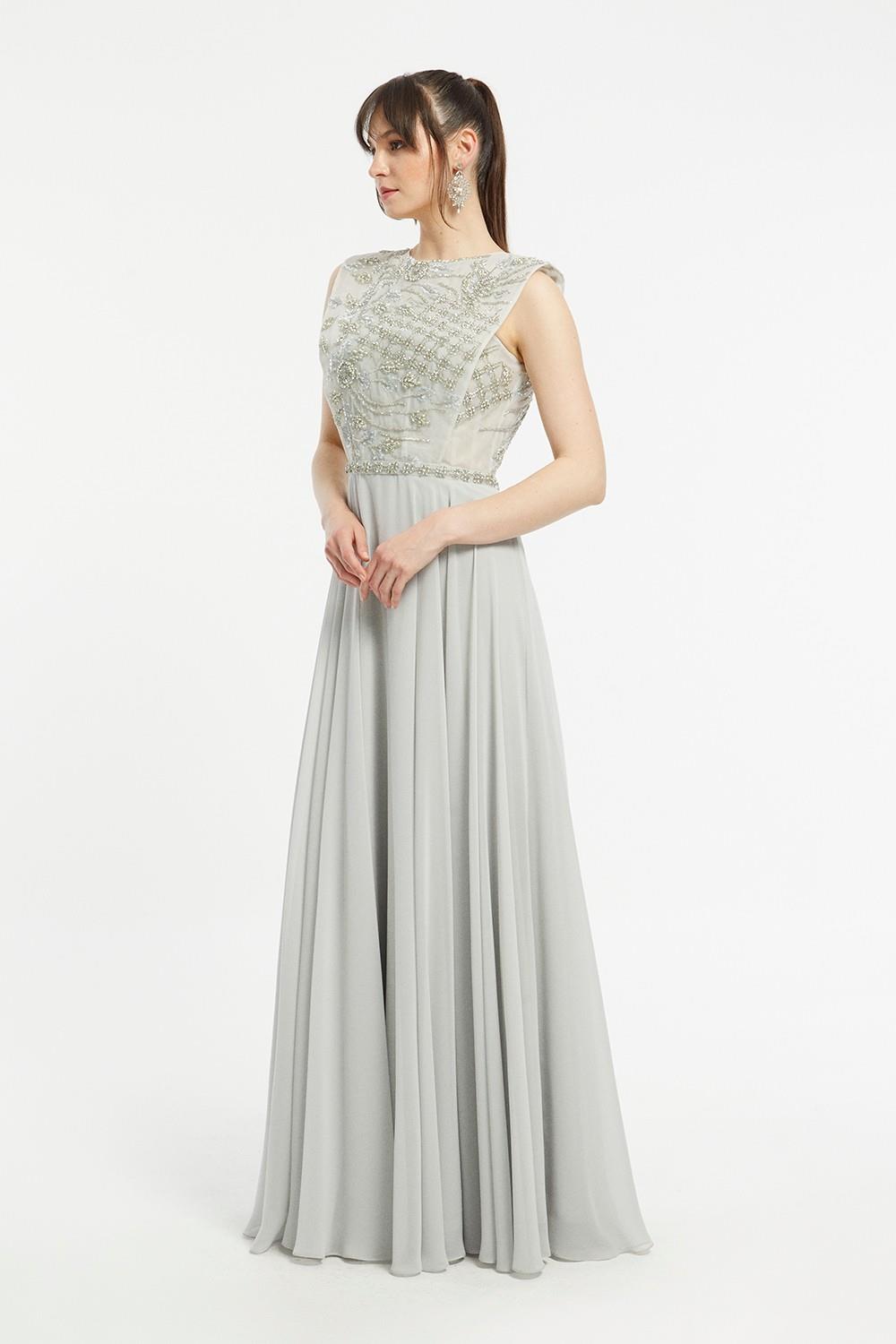 Zero Sleeve Bling Embroidered Long Evening Dress