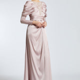 Bust Embroidered Draped Long Evening Dress - 2107