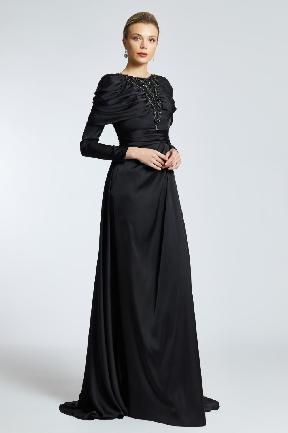 Bust Embroidered Draped Long Evening Dress