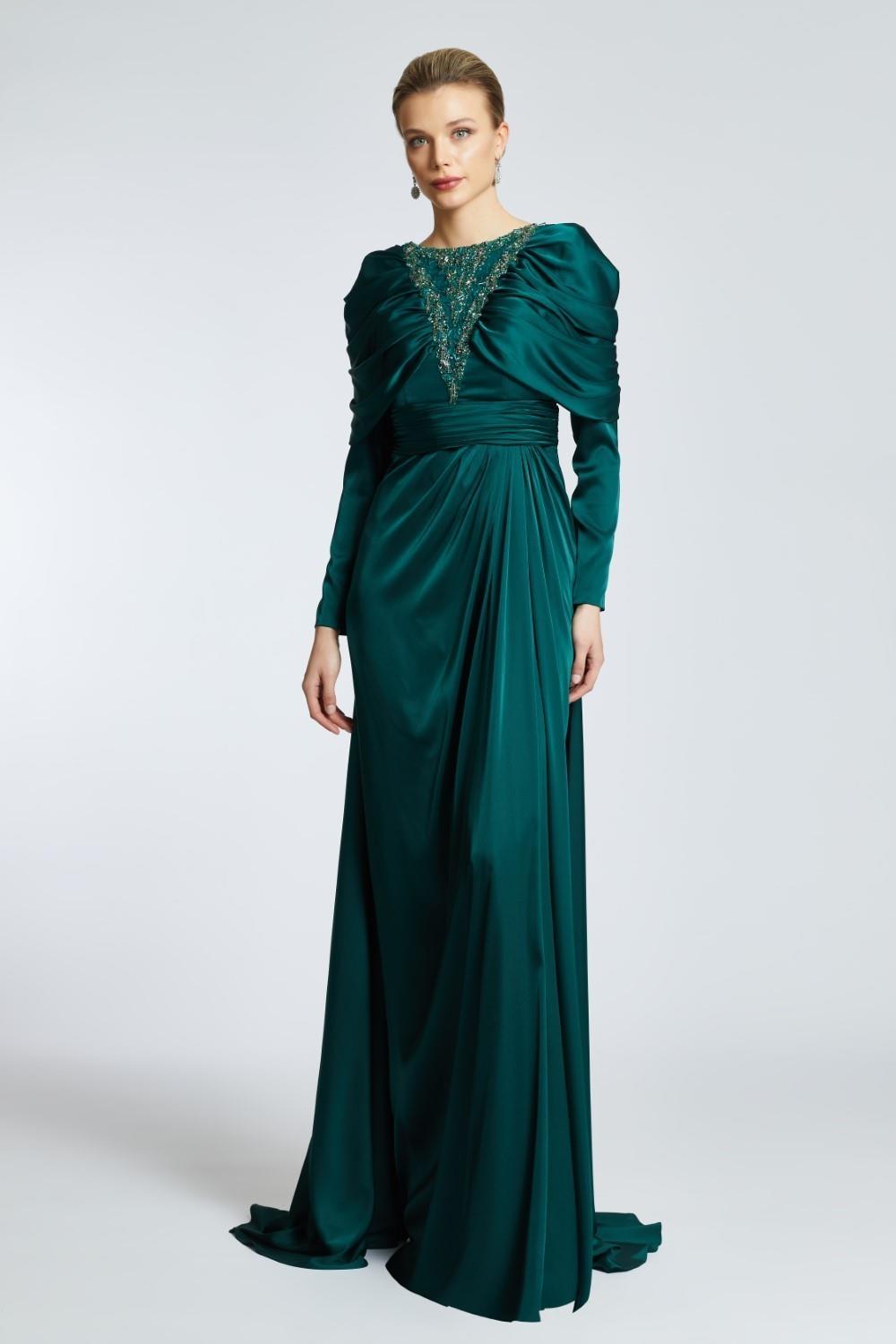 Bust Embroidered Draped Long Evening Dress