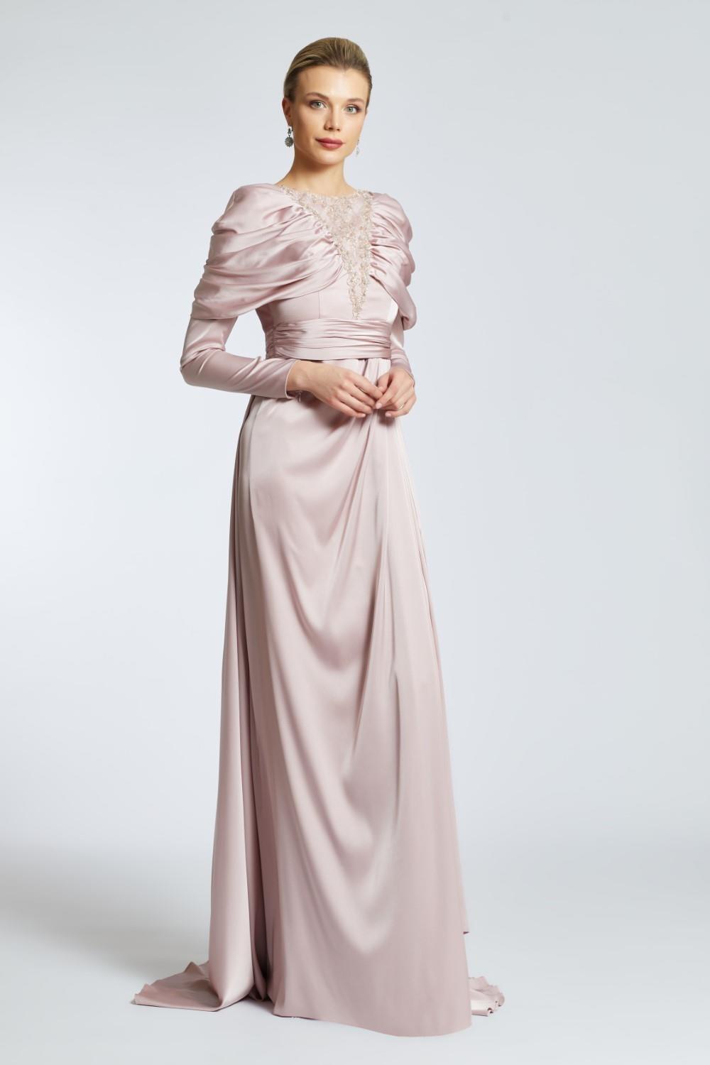 Bust Embroidered Draped Long Evening Dress