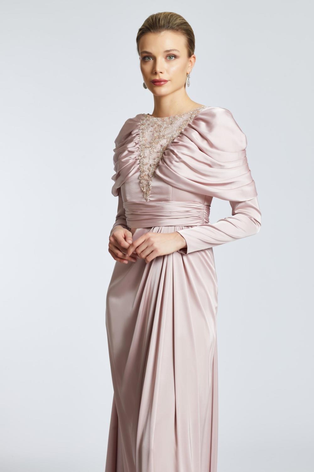 Bust Embroidered Draped Long Evening Dress