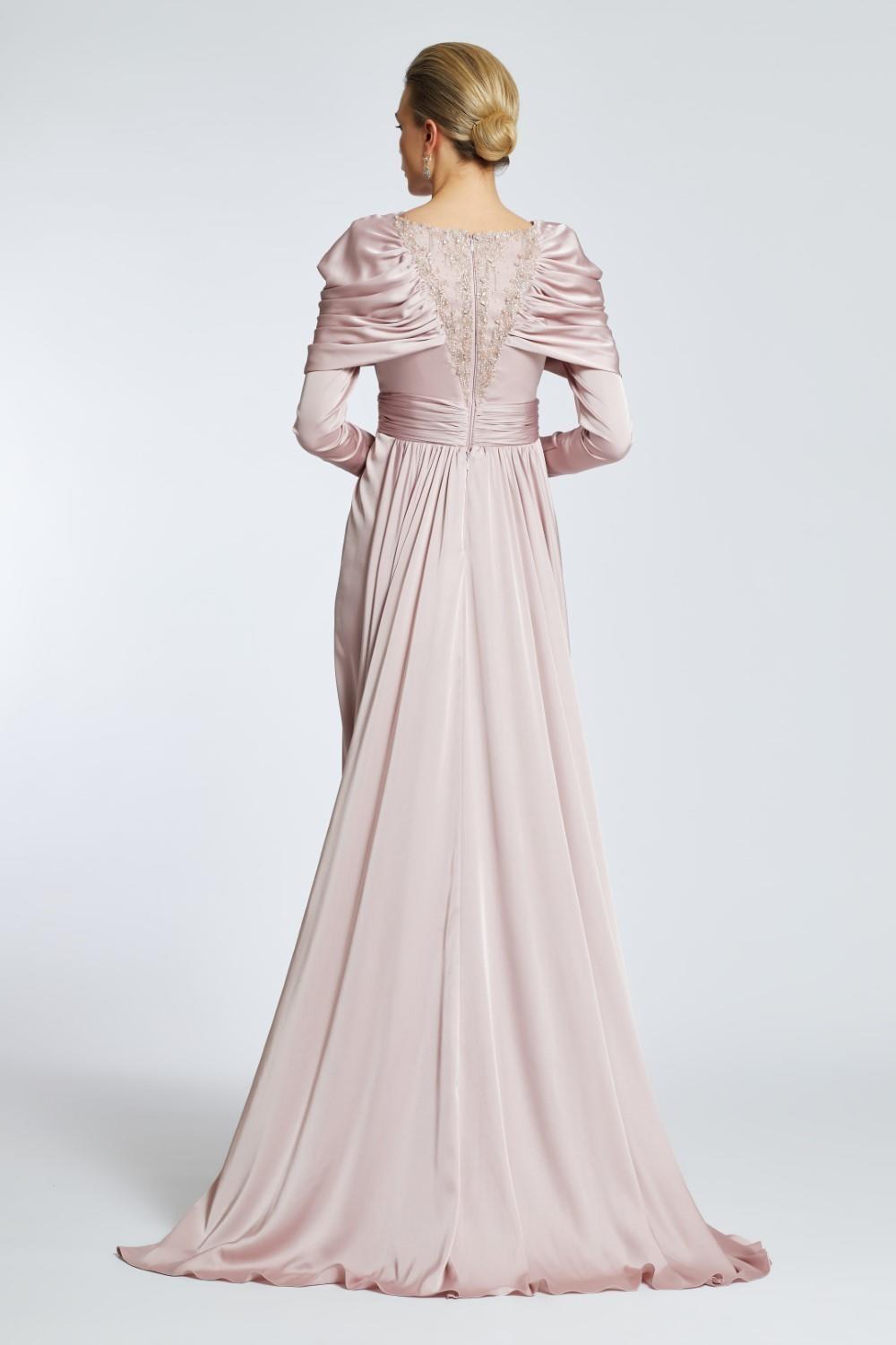 Bust Embroidered Draped Long Evening Dress