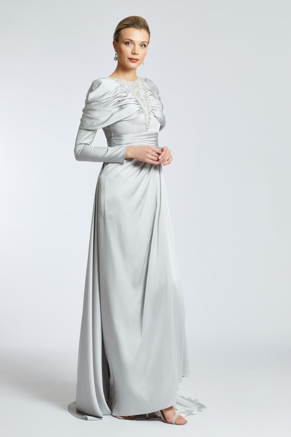 Bust Embroidered Draped Long Evening Dress