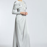 Bust Embroidered Draped Long Evening Dress