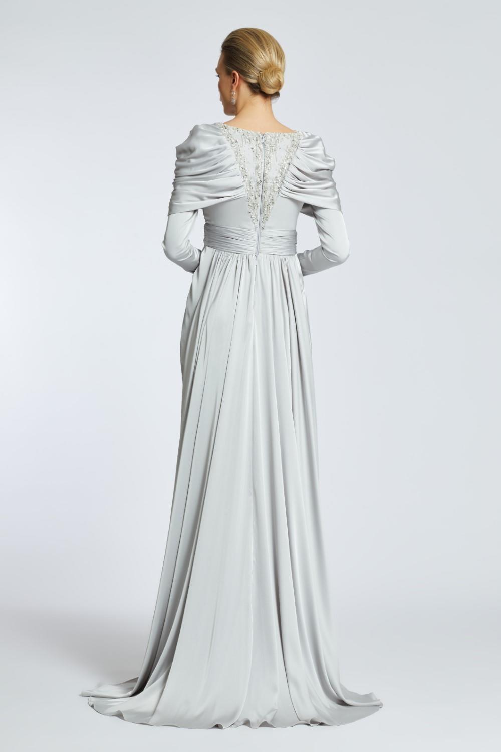 Bust Embroidered Draped Long Evening Dress