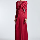 Bust Embroidered Draped Long Evening Dress - 2107